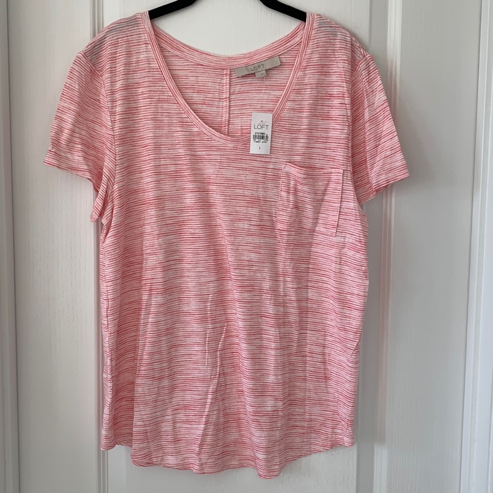 NWT LOFT Stripe Cotton/Rayon Blend U-Neck Short Sleeves Top Size Large